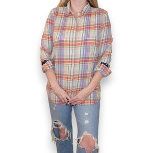 TROVATA Birds of Paradis Button Down Plaid Flannel with Polka Dot Roll Sleeve